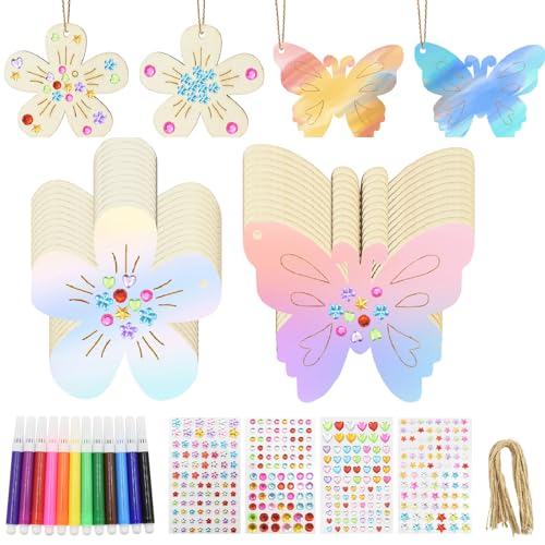 Coriver 40 Stück Holzblumen zum Bemalen,Holz Bastelset Kinder für Kinder, 3D Blumen Basteln Bastelset