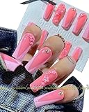 HAND-PAINTED Pink False Nails Set Square Press on Nails Pressons Nails Kit Medium Length Stick on Nails Shoot Nail Art Short Nails with 7g Nail Glue on Nails Coffin Handmade (Custom, Style 30)