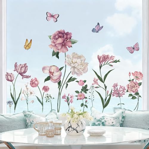 TOARTI Blumen Fensteraufkleber Frühlingsmotiv,Rosa Pfingstrosen Schmetterlinge Wandtattoos Abnehmbare Fensterfolie für Glas Tür Wand – Dekoration für Zuhause Büro