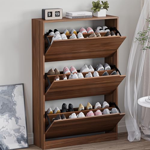 Image of BORNOON Shoe Cabinet with 3 Flip Drawers, Slim Narrow Shoe Storage Cabinet, Freestanding Shoe Organizer with Adjustable & Removable Shelves, Top Display Shelf for Entryway, Hallway, Foyer, Closet