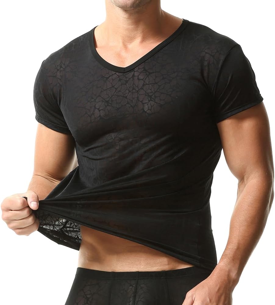 Men Undershirts Lace See Through Sheer Underwear Shirts Short Sleeve T-Shirt Sleepwear Tops