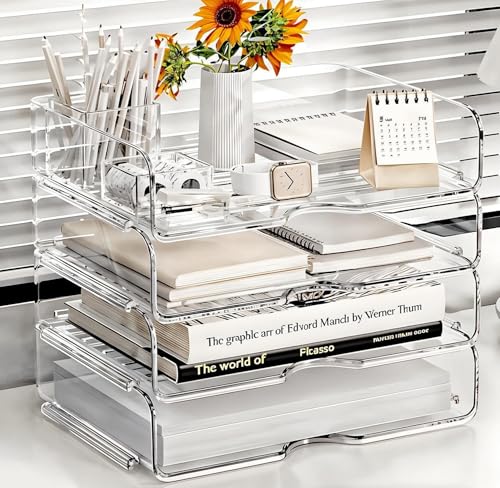Image of 4 Trays Desk Organizer, Stackable Organizers and Storage, Clear Letter Tray for File Paper, Office Supplies, A4 Office File, Books, Notes, Paper Folder