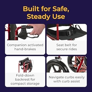 Drive Medical Lightweight Expedition Folding Transport Wheelchair - Ultra Lightweight Mobility Support for Seniors & Adults - Strong Aluminum Frame - Hand Brakes - Compact Folding Travel Chair - Red