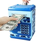 Hucha con cerradura electrónica de código con caja de contraseña, mini cajero automático, ahorra dinero para dinero de papel y monedas, el mejor regalo para niños y niñas (azul camuflaje)