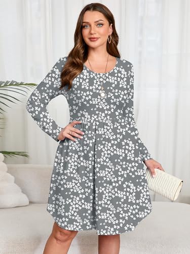 Image of AusLook Women's Plus Size Long Sleeve Midi Dress Casual Empire Waist Loose Flowy Dresses A-Line Boho Long Dress with Pockets