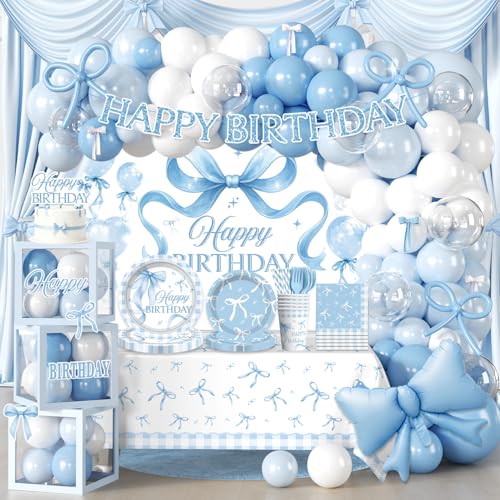 cocomigo 288 PCS Blue Bow Birthday Decorations Hassle-Free One-Stop Set for 25 Guests With Balloon Backdrop Fringe Curtains Plates and Napkins Easy Setup for Bow Themed Party