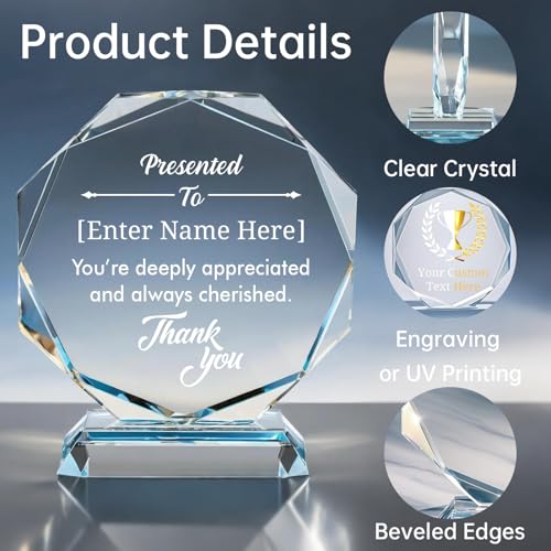 Image of Personalized Crystal Trophy Award - Custom Awards and Trophies for Employees, Coworkers, Boss - Retirement, Farewell, Appreciation, Recognition Gifts - Custom Plaques