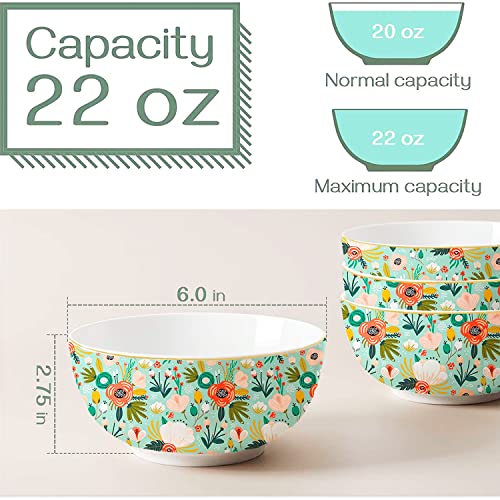 Leazul Ceramic Soup Bowls Cereal Bowl, 22 Ounce Bowls Set Chip Resistant Dishwasher & Microwave Safe Porcelain Bowls For Kitchen Mint Floral Bowls For Cereal Soup Rice Pasta Salad Oatmeal, Set Of 4 #TOP3