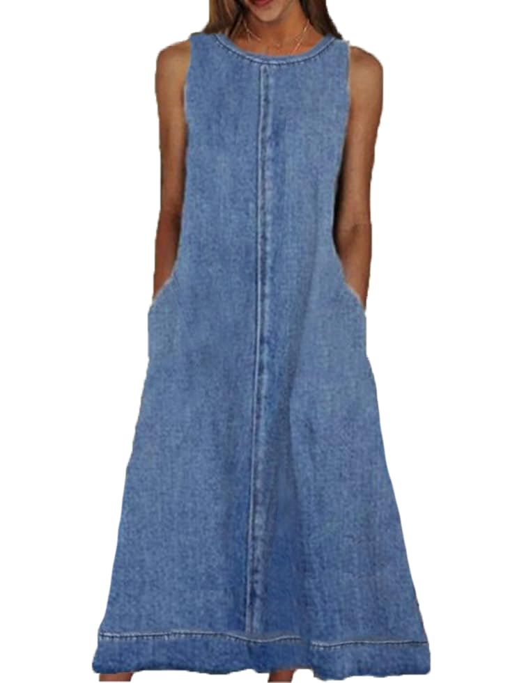 Women's Casual Sleeveless Denim Dress Summer Loose Jean Dresses Maxi Length Tank Dress with Pockets