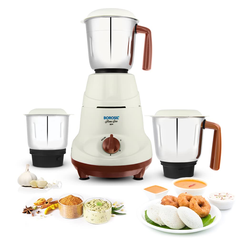 Borosil Home Star Mixer Grinder, For Wet/Dry Mixing & Grinding, 500 Watts, 3 Stainless Steel Jars(1.2 L Blending Jar, 800 ml Dry/Wet Grinder, 400 ml Chutney Jar), Mixie For Kitchen-image-21