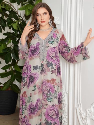 Image of Spring Summer 2024 Plus Size Womens Dresses V Neck Casual Elegant Long Sleeve Floral Print Maxi Dress