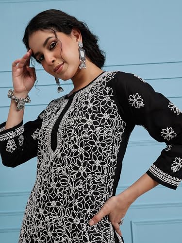 Image of Ada Women's Cotton Straight Fit Straight Hand Embroidered Lucknowi Chikankari Kurta Kurti A411165