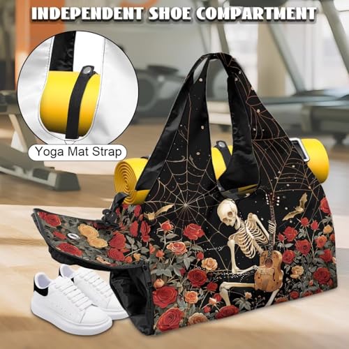 Travel Duffel Bag for Women Large Capacity Overnight Bag with Shoe Compartment Lightweight Sports Fitness Hospital Carry on Bags Halloween Decor Outfits, Red Roses Skeleton3