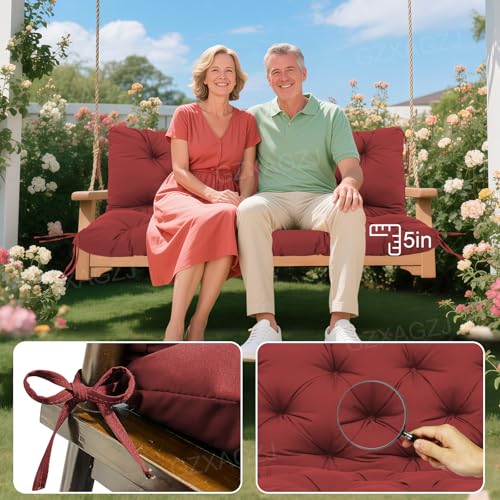 Image of Porch Swing Cushions Outdoor 40x40 inch Waterproof Extra Thick 5 inch Swing Cushions Replacement with Backrest and Ties for Outdoor Furniture Porch Patio Garden Lawn (Wine Red)