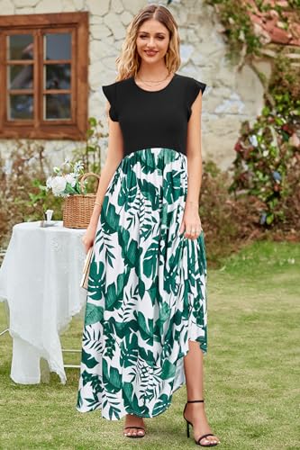 Image of OUGES Women's Maternity Dress Summer Ruffle Sleeve Patchwork Casual Flowy Maxi Dresses with Pockets