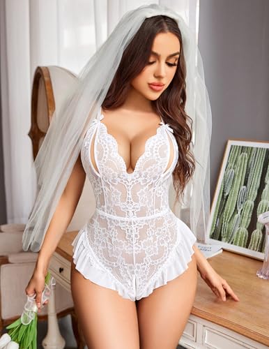 Avidlove Petite Lingerie for Women One Piece Teddy Bodysuit Nightwear White - image 2