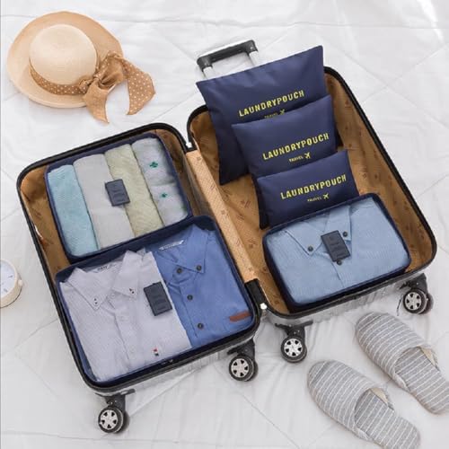Image of Travel Organizer Pouch Set of 6, Space Saver Packing Cubes for Suitcase, Clothes, Underwear, Socks and Shoes (Dark Blue)