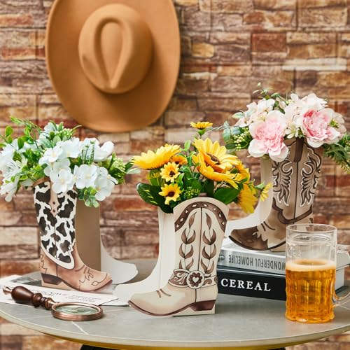 Image of 12 Set Western Boots Flower Boxes Centerpiece Boot Shape Gift Boxes Party Decoration Vase Centerpieces for Tables Boots Rodeo Birthday Baby Shower Supplies (Western,Cowboy Cow)