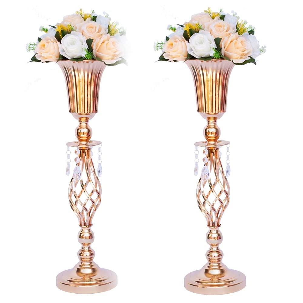 2 Pcs Elegant Metal Gold Floral Vase, Beaded Crystal Gold Trumpet Crown Vase, Perfect for Wedding Banquets, Birthdays, Anniversaries, Holiday Parties and Other Important Event Centerpieces(23.2")