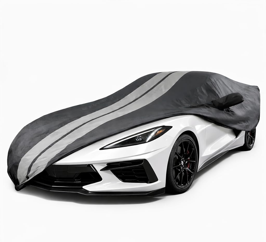 SR1 Performance USA C8 Corvette Car Cover - Ultraguard PEVA Indoor/Outdoor Waterproof All Season - Custom High End Fit for 2020-2026 Stingray, Z51, Z06, E-Ray Corvettes (Black with Gray Stripes)
