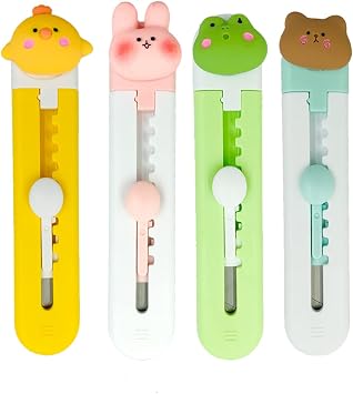 Cute Box Cutter, 4Pcs Retractable Mini Art Cutter,Cloud Fruits Animal Pattern Kawaii Utility Knife Portable Letter Opener for Cutting Envelopes Paper Bags Express Unpacking Cutting DIY Crafts