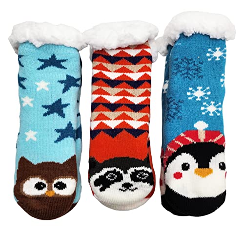 Kids Fluffy Thermal Sherpa Socks, 3 Pairs, Cute Christmas Slipper Winter Non Skid, Warm Ultra Soft Boys Girls