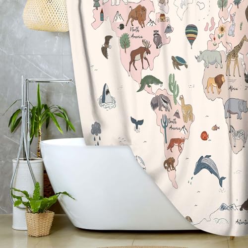 Image of World Map Shower Curtain for Kids, Cute Cartoon Animal Educational Learning Tool Restroom Curtains, Cute Cartoon Animal Educational Learning Tool Waterproof Fabric Bathroom Curtain Set with Hooks
