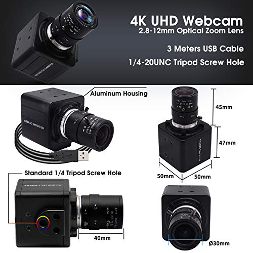 Image of SVPRO 4K Webcam with Zoom Lens, HD Manual Focus 4K 30fps Close-up Camera with 2.8-12mm Varifocal Lens, 4X Optical Zoom External PC Camera for Windows, Linux, Android, Mac OS, Raspberry Pi