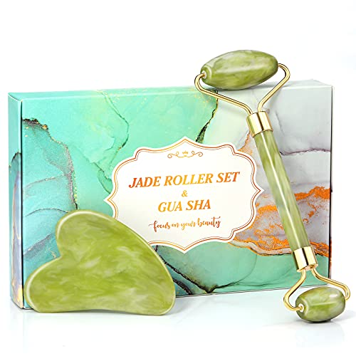 Face Roller - Gua Sha Jade Roller, Face Roller with Metal Handle, Skin Care Tools, Jade Roller Set for Face, Eye, Neck, Beauty Jade Roller Set for Anti-Aging, Wrinkles, Lift Firming