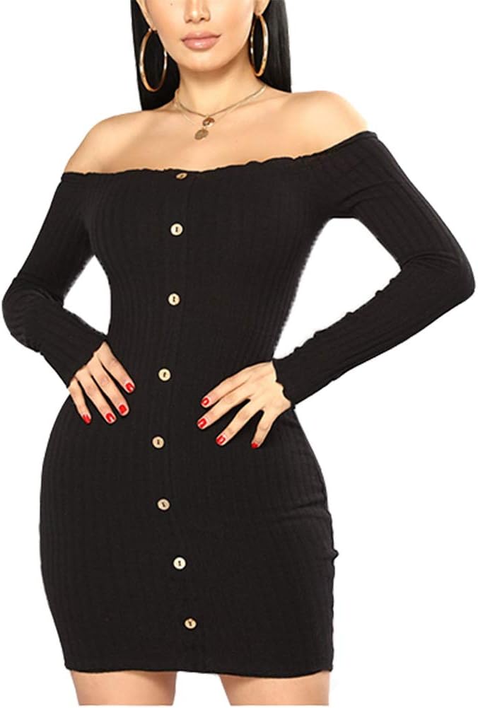 Susupeng Women's Off The Shoulder Ruched Long Sleeve Ribbed Bodycon Buttons Sexy Mini Dress