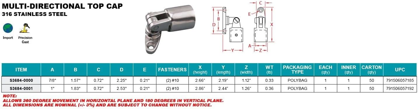 Stainless MULTIDIRECTIONAL TOP Hinge 1 inch , 316 SS Boat Hardware, Bimini Hardware