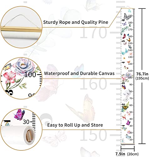 Asenart Kids Growth Chart Wood Frame Fabric Canvas Colorful Butterfly Height Measurement Ruler From Baby To Adult For Child's Room Decoration 7.9 X 79In #TOP2