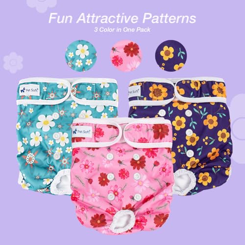 Pet Soft Washable Female Diapers (3 Pack) – Female Dog Diapers, Comfort Reusable Doggy Diapers for Girl Dog in Period Heat (Cute Flower, M)
