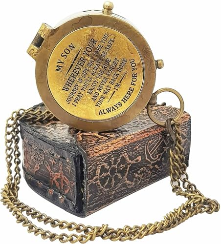 Brújula de bronce vintage con mensaje grabado personalizado, diseño náutico con cadena y estuche de cuero antiguo miniatura 1