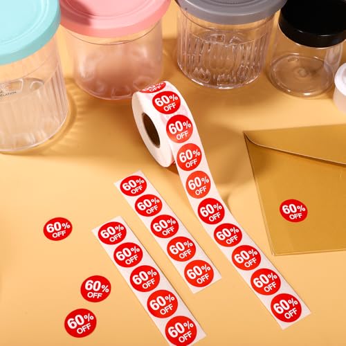 Tinoaly 1000uds Pegatinas de 60% Descuento, Pegatinas Redondas de 25mm Autoadhesivas 60 Porciento Descuento Etiquetas Promoción Prácticas Venta para Tiendas Minoristas Supermercados (Rojo) - imagen 3