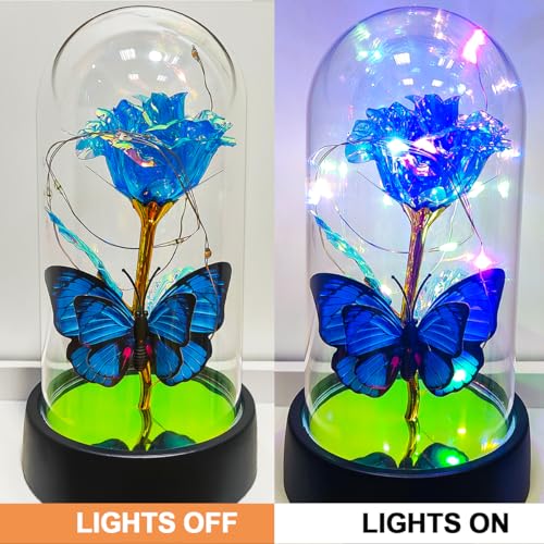 JUNQIU Mothers Day Rose Gifts for Mom, Glass Rose in Glass Dome, Light Up Flower, Galaxy Roses, Birthday Gifts for Women, Blue Butterfly Flowers Gift for Mom,Sister,Her,Grandma,Wife — view 2