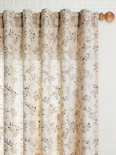 Image of THREE GIRLS Floral Linen Shree Curtains 120 Inches Light Filtering Farmhouse Vintage, Back Tab Rod Pocket Cottage Core Drapes for Living Room Bedroom, Taupe on Beige, 2 Panels