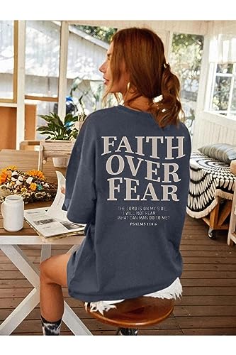 BANGELY Faith Over Fear Shirt Women Graphic Shirts Oversized Workout Gym Christian Religious Tees Drop Shoulder Tee Tops3