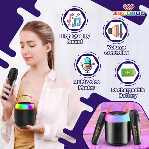 Image of Wembley Bluetooth Karaoke Speaker Set | Speaker with Two Wireless Microphones | HD Sound with 6 Sound Modes | 5W Output Speaker | Birthday Gift for Kids and Adults (Cylindrical, Black)