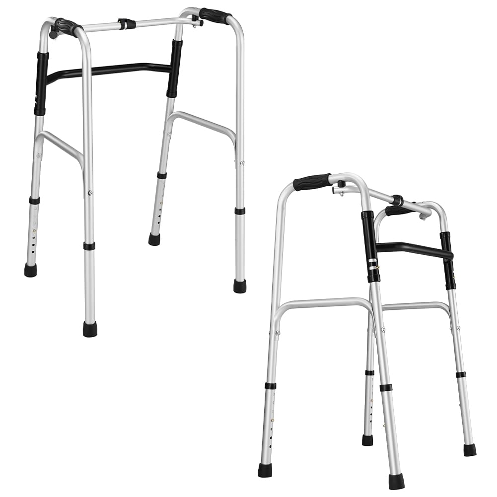 BAKAJI Deambulatore per Anziani Pieghevole con Struttura Leggera in Alluminio Salvaspazio, Walker Dispositivo di Aiuto per Persone Disabili con Mobilità Ridotta, Altezza Regolabile 77,8–92,8 cm
