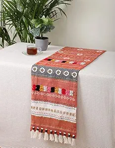 Jamio Firati Hand Embroidery with Tassel Red Abstractive Design 100% Cotton 1 Pc Runner 12x66 Inch(30x165 Cms)