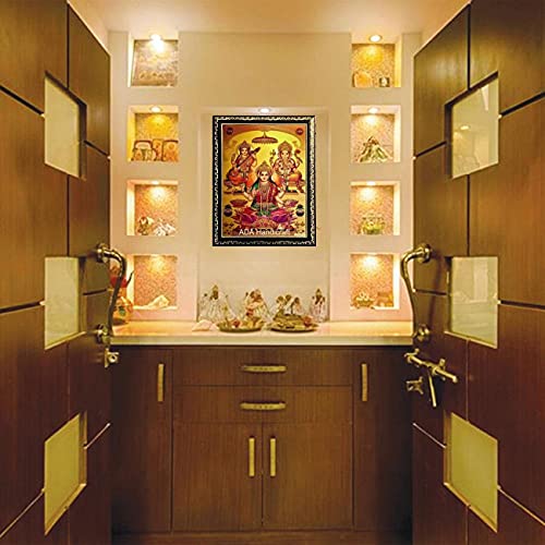 Image of ADA Handicraft Shree Laxmi Saraswati Ganesha For Diwali Wooden Religious Photo Frame for Wall, Hindu Bhagwan Puja (35 x 25 x 1 cm, Multicolour)