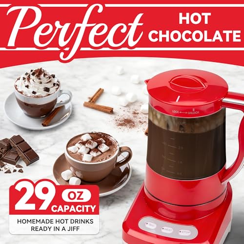 Image of SugarWhisk 29 Oz Hot Chocolate Maker Machine, Electric Milk Frother and Steamer, Hot Cocoa Maker Machine for Hot Chocolate Bar, Detachable Pitcher, 2 Speed Mode, 3.5 Cups, Red