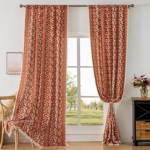 Image of Burnt Orange Curtains 96 Inch 2 Panels, Vintage Bohemian Pattern Floral Drapes Ceiling to Floor Length Hippie Window Panel Autumn Curtains for Living Room