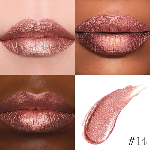 Image of evpct Bronze Gold Metallic Glitter Lip Liner and Lipstick Combo Lip Gloss Stain Set Makeup for Women Long Lasting Waterproof 24, Rose Gold Metallic Shimmer Frosted Iridescent Glossy Liquid Lipstick 14