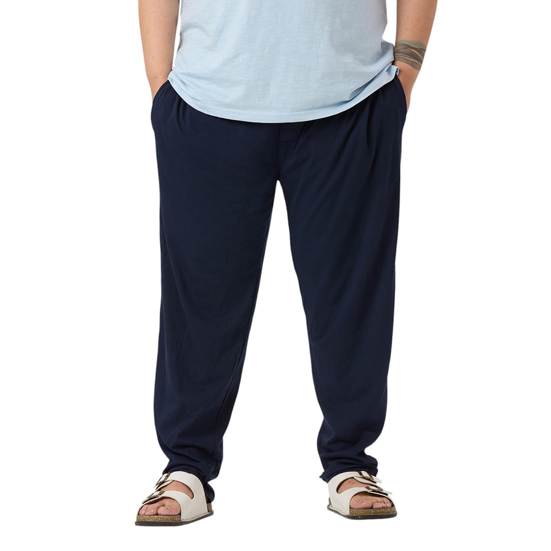 Men's Casual Cotton Lounge Pants, Navy Blue, Elastic Waistband with Pockets-image-15