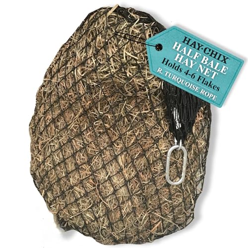 hay chix Half Bale Slow Feed Hay Net for Horses | Hay Bag Holds 46 Flakes | 1 3/4 Holes | Built to Last Marine-Grade UV-Treated Nylon | Horse Hay Feeder for Stall Trailer Fence | Turquoise Rope