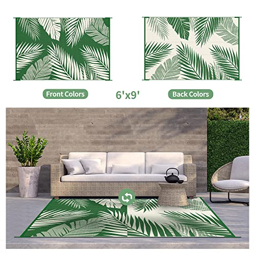 Genimo Outdoor Rug 6' X 9' Waterproof For Patios Clearance, Reversible Outdoor Plastic Straw Camping Rug Carpet, Large Area Rugs Mats For Rv, Picnic, Backyard, Deck, Balcony, Porch, Dark Green&White #TOP1