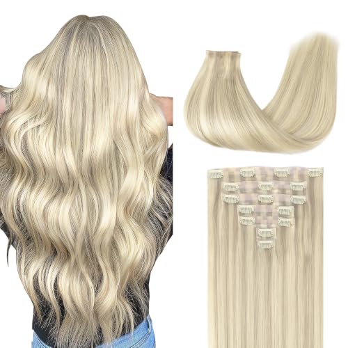 Image of GOO GOO Clip in Hair Extensions Real Human Hair, Remy Human Hair Extensions Clip ins for Women, Natural Human Hair, 24inch 160g 7Pcs, 17A /60A Ash Blonde Highlighted Platinum Blonde