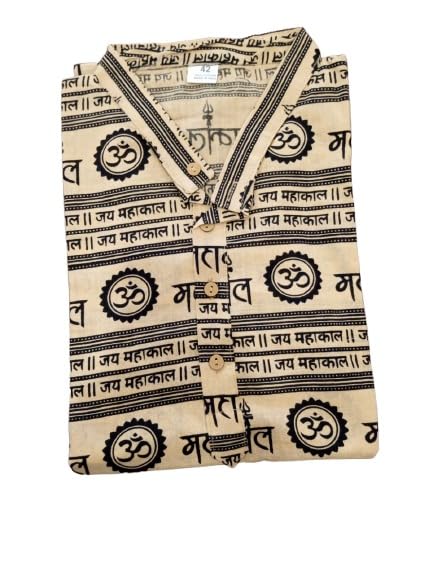 Cotton Om Print Kurta for Men, Traditional Sanskrit Design, Short Sleeve, Mandarin Collar, Available in Orange, Yellow, Cream, Black and Maroon-picture-36